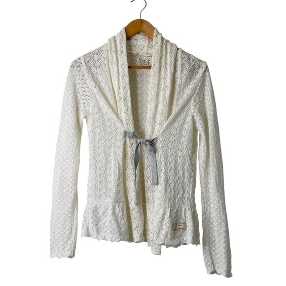 Odd Molly Sweaters - Odd Molly 337 Cardigan Sz 2 (Med) Cream Pointelle Knit Front Tie Dainty Fairy
